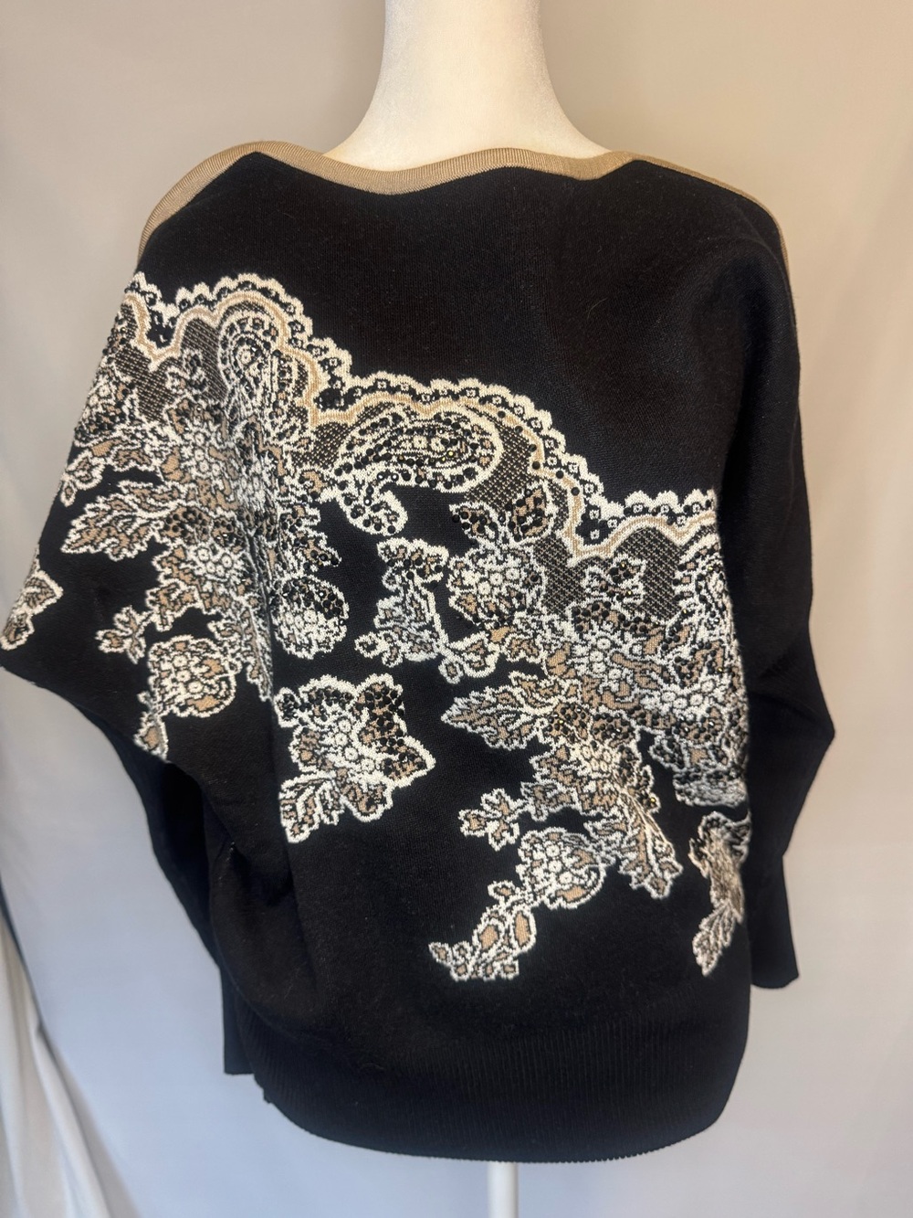 Wide Neckline Black Sweater with Cream & Tan Lace Diagonal Motif, Sparkles